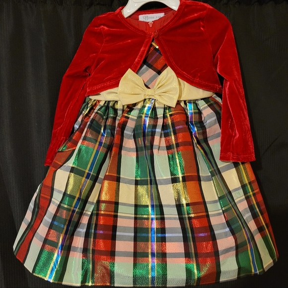 NWT! Bonnie Jean Plaid Metallic Dress & Red Velvet Bolero. Sz 2T - Picture 3 of 11